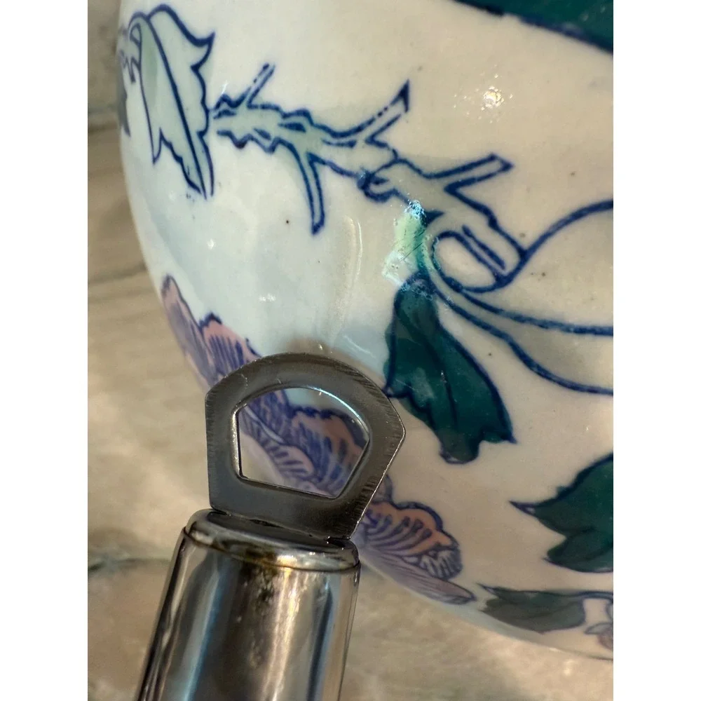 Vintage Chinoiserie Floral Ceramic Ginger Jar Vase Pink Teal Peony‎ 9 Inch